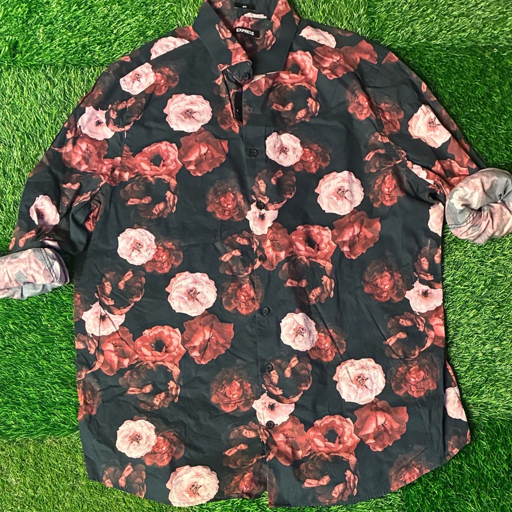 Men’s Express floral Black and Red button up.